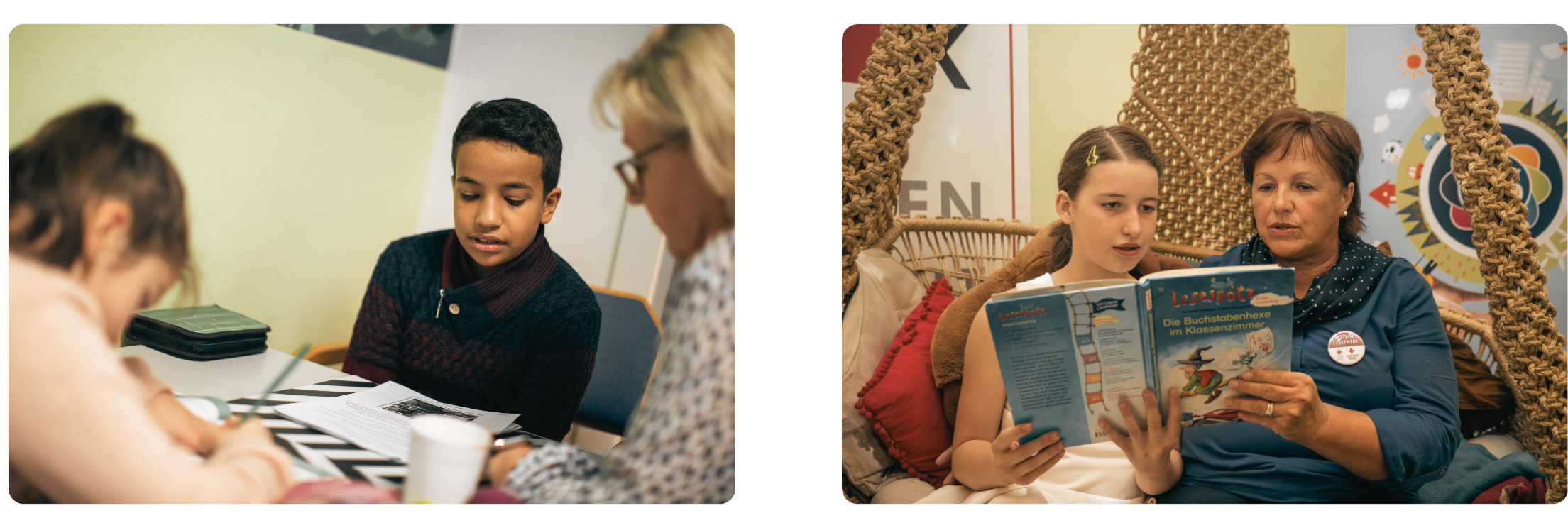 zwei Bilder, ältere Personen lesen gemeinsam mit Kindern