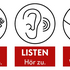 Grafik mit einem Auge, einem Ohr und zwei haltenden Händen mit der Unterschrift Look-Schau hin, Listen-Hör zu und Link-Vernetze