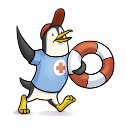 Pippo, der Pinguin des Jugendrotkreuzes hält in einer Hand einen Rettungsreifen und winkt mit der anderen
