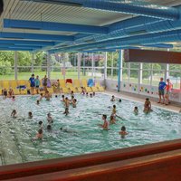 Mehrere Kinder, wie sie im Becken plantschen, schwimmen und spielen