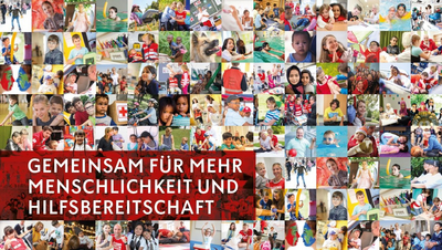 Mosaik aus vielen kleinen Fotos, die Kinder und Jugendliche zeigen, dazu der Schriftzug "Gemeinsam für mehr Menschlichkeit und Hilfsbereitschaft"