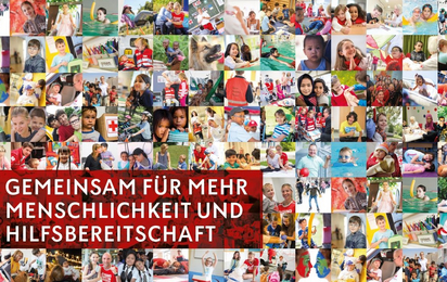 Mosaik aus vielen kleinen Fotos, die Kinder und Jugendliche zeigen, dazu der Schriftzug "Gemeinsam für mehr Menschlichkeit und Hilfsbereitschaft"