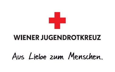 Rotkreuz-Logo mit Schriftzug "Wiener Jugendrotkreuz" und "Aus Liebe zum Menschen"
