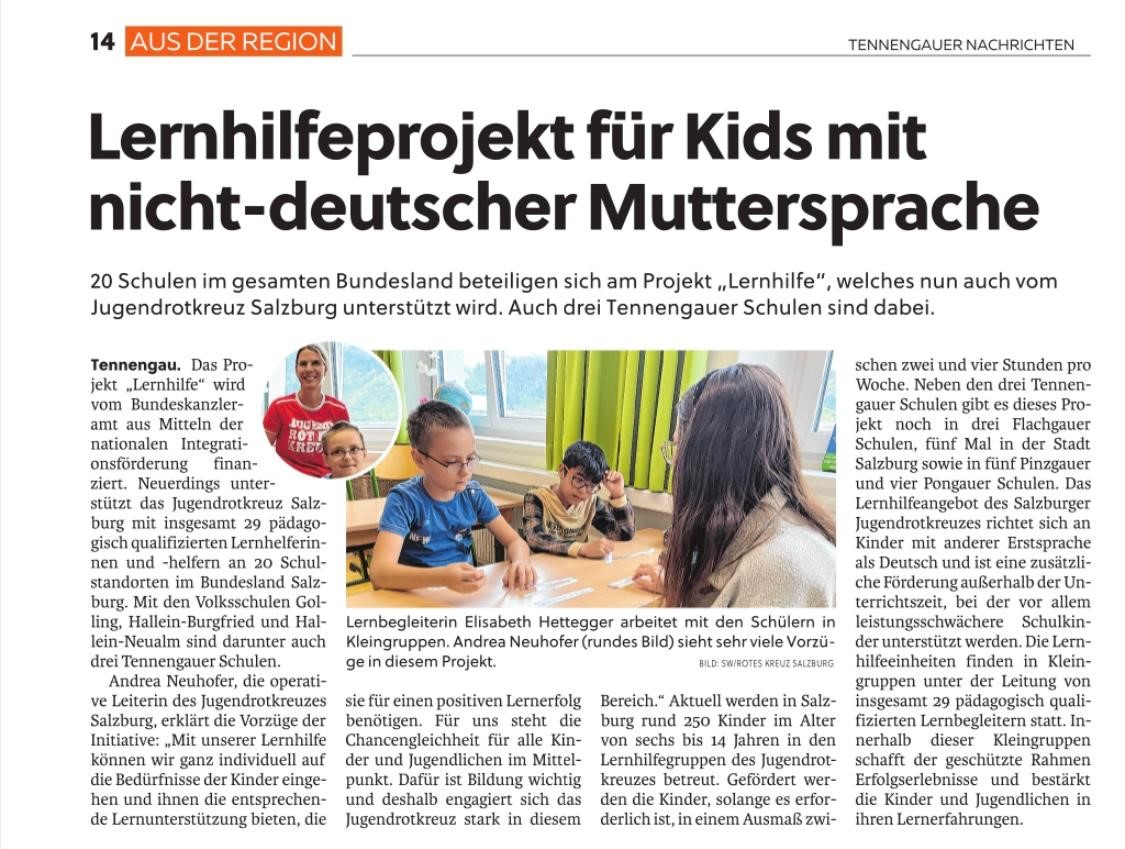 Zeitungsbericht über die Lernhilfe des Jugendrotkreuzes in Salzburg